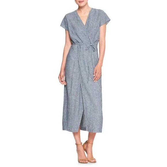 Banana Republic Dress Stripe Linen Blend Faux Wrap VNeck Tie Waist - Picture 1 of 12